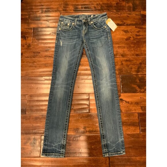 Miss Me "Skinny" Blue Medium Wash Denim Jeans W/ Embroidered Pockets, Size 26 - Picture 1 of 7